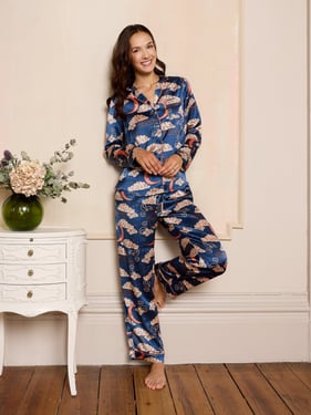 Womens Satin Traditional Pyjamas Navy Moon and Clouds - 3XL / 22-24 / Navy
