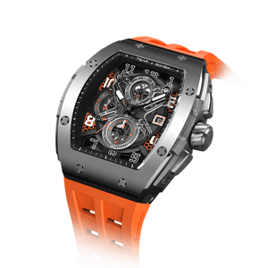 TSAR BOMBA Men's Luxury Quartz Chronograph Watch | Silver Orange | Tonneau Stainless Steel Case | Sapphire Glass | 50M Waterproof Sport Wristwatch | Elemental TB8211Q