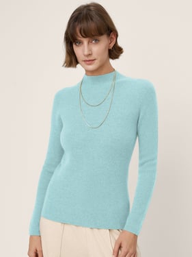 Premium Cashmere Blend Hand-Finished Seamless Fitted Mock Neck Sweater ZINA - Soft Teal / L