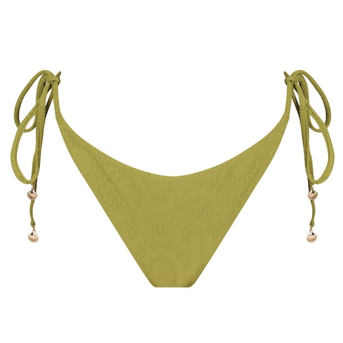 Thin Tie Side Bikini Bottom-Embossed Geo Palms Olive