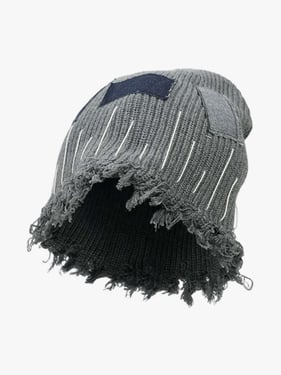 Distressed Denim Patchwork Beanie - Gray / ONE SIZE