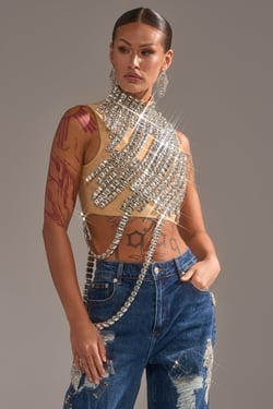 AKIRA Its Your Time Rhinestone Mock Neck Blouse | Size XL
