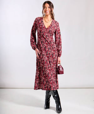 Red Floral Printed Long Sleeve Midi Dress - 20