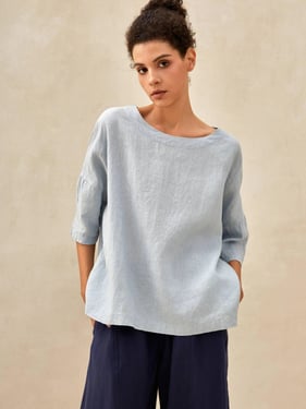 100% Linen Gingham Checked Boatneck 3/4 Length Sleeve Top - Ice Blue / XXL
