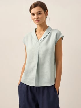 100% Linen Shawl V-Neck Cap Sleeves Top ELARA - Aqua Blue / XXL
