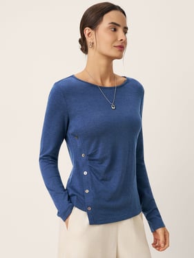 Wool Asymmetric Buttoned Long Sleeve Top LUCIE - Lapis Blue / XXL
