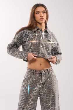 AKIRA Pick N Choose Rhinestone Denim Jacket | Grey | Size XL