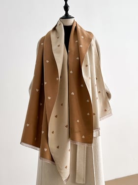 Double-Sided Heart-Jacquard Fringed Scarf - Khaki Heart / One Size