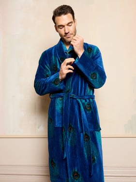 Mens Velvet Robe Navy Peacock Feather - 3XL / Blue