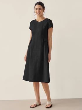 100% Linen Natural Summer V-Neck Dress ALEXA - Charcoal Black / XXL