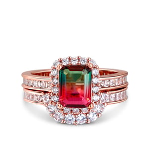 Jeulia Halo Emerald Cut Sterling Silver Watermelon Ring Set