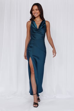 HELLO MOLLY The Loretta Cowl Satin Maxi Dress Teal