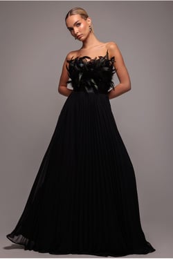 Goddiva Feather Off The Shoulder Pleated Evening Maxi Dress - Black