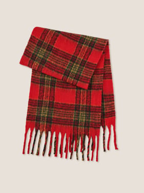 Plaid Fringed Scarf - Crimson Check / One Size