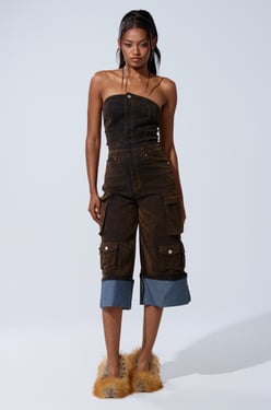 AKIRA Alicia Cropped Cargo Jumpsuit | Brown | Size 2X