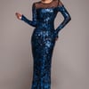 Goddiva Floral Sequin Mesh Maxi - Navy