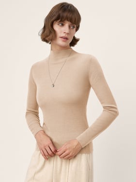 100% Extra-Fine Merino Wool Mock Neck Knit Sweater TIA - Almond / L