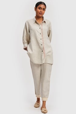 Classic Stripe Hemp Shirt in Light Beige - Hemp Slub / L