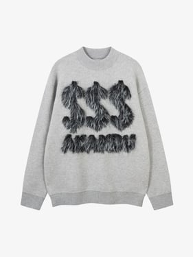 Retro Fuzzy Letter Patch Textured Knit Sweater - Gray / XL