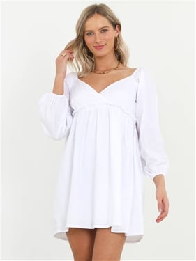 Brave Soul Casey Long Sleeve Smock Dress - White - 12