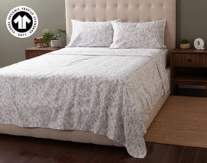QE Home 300TC Organic Cotton Sheet Set in Whitfield, Floral, GOTS Certified, Grey, Double