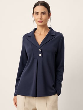 Notched Pleat Long Sleeve Top JUNE - Navy Blue / XXL