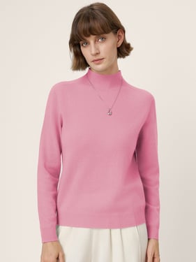Premium Cashmere Blend Hand-Finished Seamless Mock Neck Ribbed Sweater RHEA - Pastel Pink / XXL