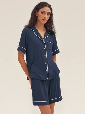 Short Sleeve Bamboo Pajama Set ODESSA - Navy Blue / Tops / XXL