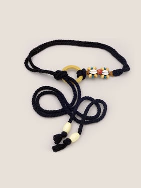 Linen Woven Belt With Wooden Beads - Black / One Size