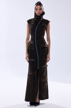 AKIRA Now You See Me Velvet Denim Maxi Dress | Brown | Size 2X