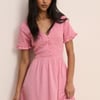 Pink Shirred V-Neck Eliza Midi Dress