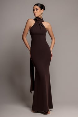 Goddiva Scuba & Velvet Satin Halterneck Maxi Dress With Back Sash - Brown