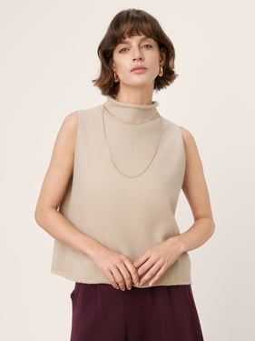 100% Mongolian Cashmere Hand-Finished Rolled Edge Sleeveless Turtleneck Knit Top DAISY - Beige / L