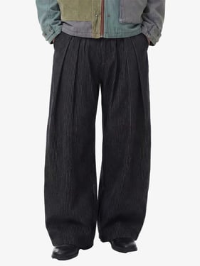 Vintage Pinstripe Pleated Wide-Leg Barrel Pants - Black / 2XL