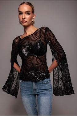 Goddiva Sequin Starburst Cape Sleeve Top - Black