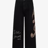 Retro Rhinestone Leopard Patch Music Note Straight Jeans - Black / 3XL