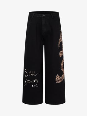 Retro Rhinestone Leopard Patch Music Note Straight Jeans - Black / 3XL