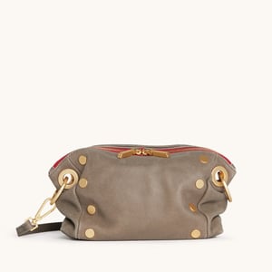 Hammitt Daniel Crossbody Clutch Pewter Brushed Gold Red Zip