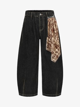 Patchwork Plaid Pleated Baggy Barrel Jeans - 2334 - Black / 2XL