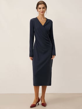 Crossover V-Neck Wrap Stretch Midi Dress MARNIE - Navy Blue / XXL