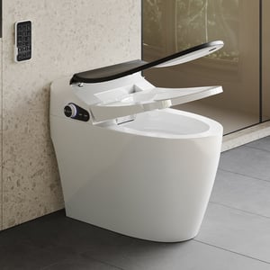 Set of Two Modern Smart 1.28 GPF Floor Mounted Elongated Toilet and Bidet with Seat