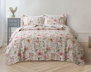 QE Home Belle Cotton Quilt Set, Floral, Pink, Queen