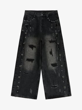 Vintage Washed Distressed Metal Ring Baggy Jeans - Black / 3XL