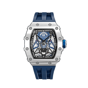 TSAR BOMBA Elemental Series Silver Blue Luxury Men's Automatic Watch 閳ワ拷Skeleton Mechanical Dial, Stainless Steel Bezel, Sapphire Crystal, Stainless Steel Case, Fluoroelastomer Strap, 50M Water-Resistant, A+ Lume