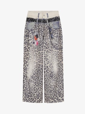 Vintage Leopard 3D Print Double Waistband Washed Jeans - Apricot / XL