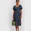 Puff Sleeve Midi Dress - Blue / L
