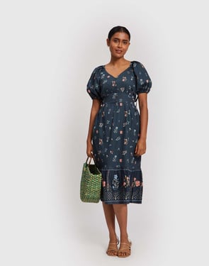 Puff Sleeve Midi Dress - Blue / L