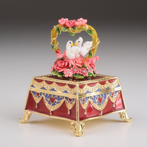 Red Decorated Box with Roses and Two White Doves