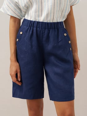 100% Linen Elastic Waistband Capri Pants ANNA - Navy Blue / XXL