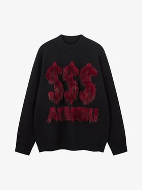 Retro Fuzzy Letter Patch Textured Knit Sweater - Black / XL